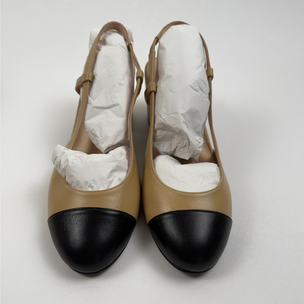 French Sole FS/NY Tuckernuck Slingback Baton Heels Camel Napa/Black Sz 7.5 NWT - Picture 2 of 9